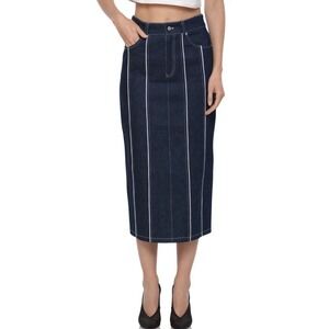 Avec Les Filles Piped Denim Midi- Skirt Dark Wash White Stitching NWT